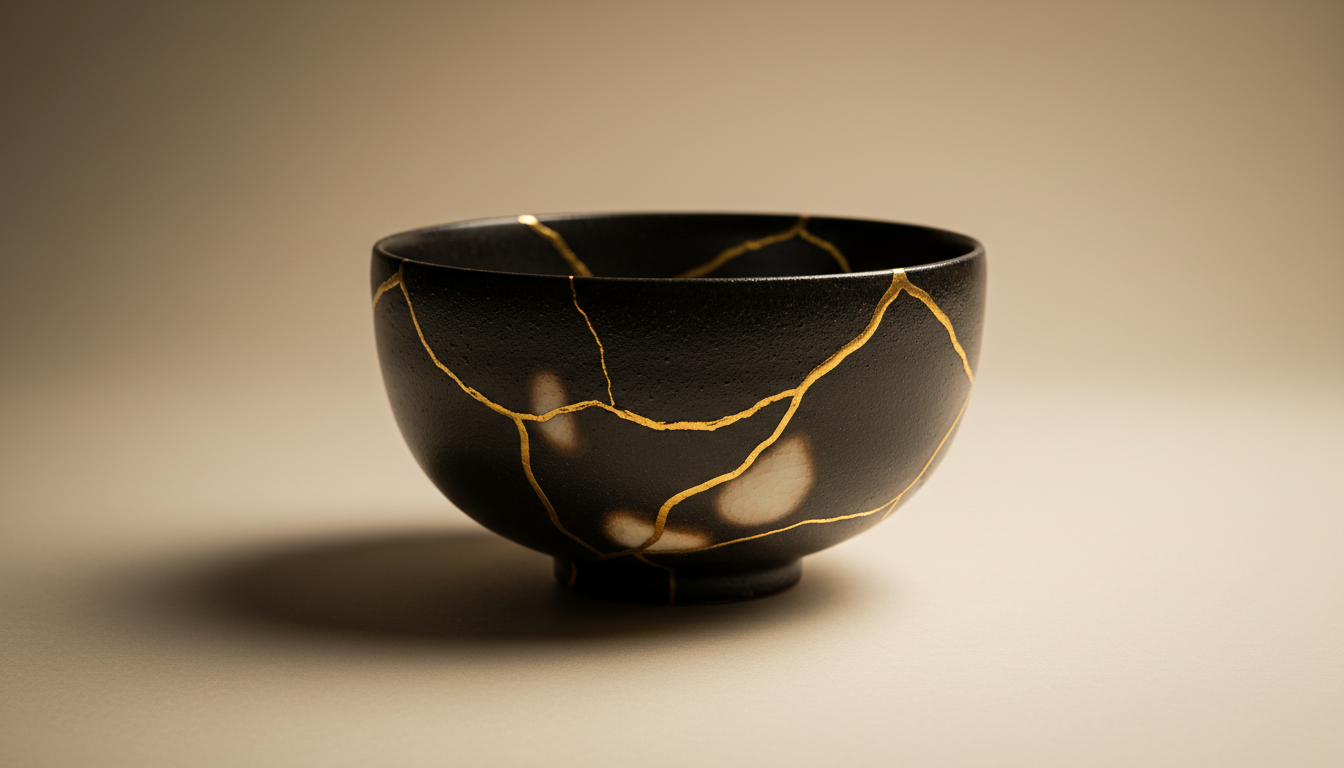 Tigela de cerâmica escura restaurada pela técnica japonesa kintsugi, com as fissuras preenchidas por ouro.